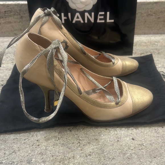 CHANEL Beige/Nude + Gold Lace Up Heels - Picture 2 of 7